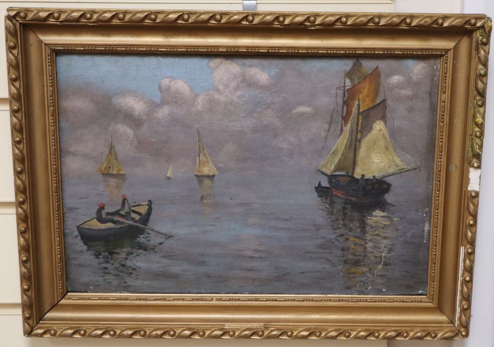 French School, oil on card, Boats on a calm sea, 23 x 35cm